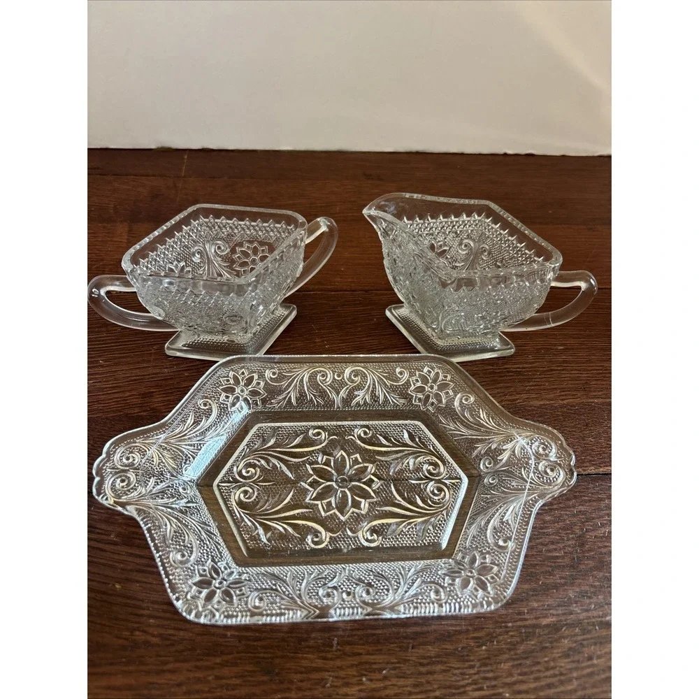 Vintage 3 Piece Set Indiana Glass Tiara Tray, Creamer, And Sugar Bowl‎ Diamond